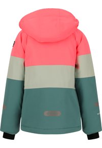 Hættejakke med et farveblokdesign i pink, grå og teal. Fremstillet af letvægtsmateriale med en glat tekstur og logoaccenter.