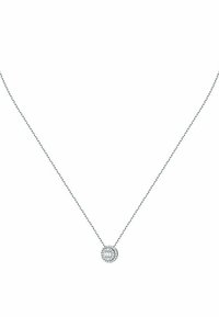 Silberne Halskette mit einem runden Anhänger, der mit einem Ring kleiner klarer Edelsteine geschmückt ist, der einen zentralen Stein umschließt.