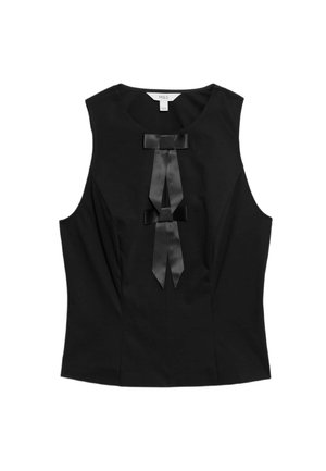 Top senza maniche nero con scollo rotondo, pince frontali e due fiocchi in raso come dettagli. Tessuto liscio con silhouette aderente.