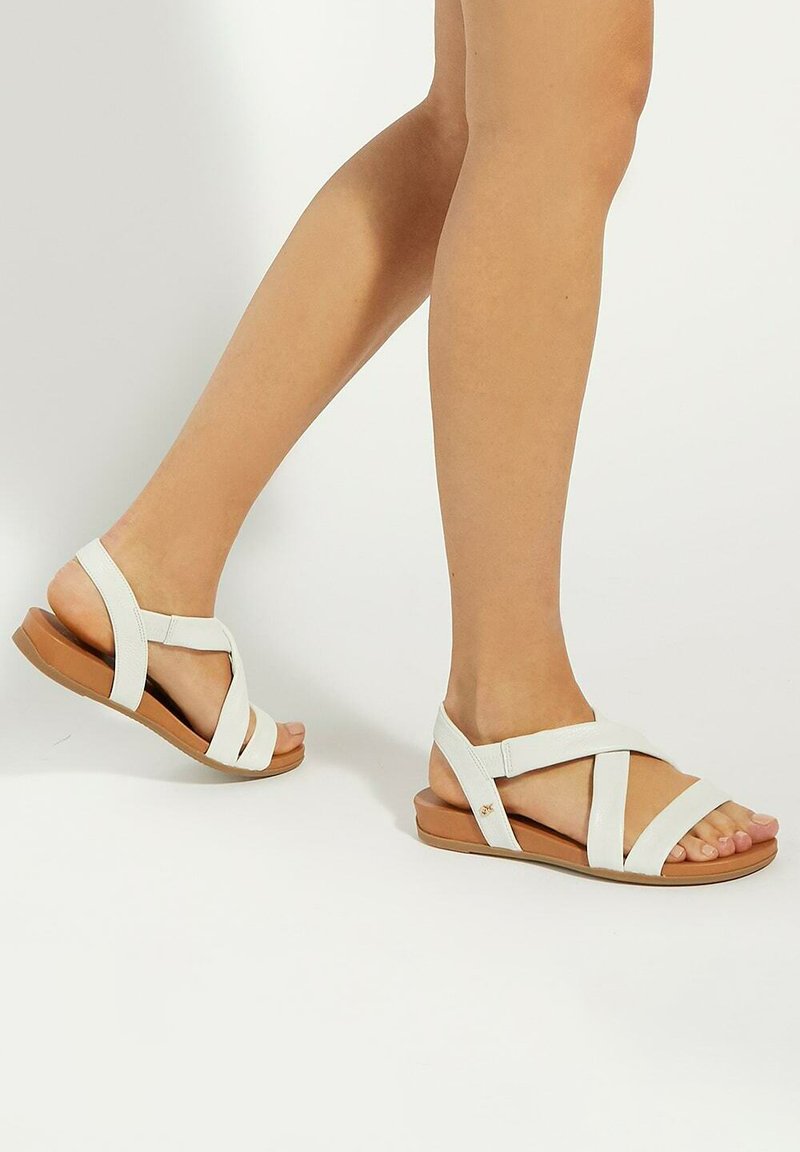 White leather sandals with crisscross straps, a flat brown sole, and minimal hardware details. Open-toe design showcasing foot.