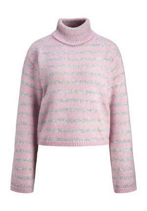 Light pink turtleneck sweater with gray stripes. Features a boxy fit, ribbed collar, and cuffs. Knit texture, cropped length.