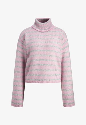 Light pink turtleneck sweater with gray stripes. Features a boxy fit, ribbed collar, and cuffs. Knit texture, cropped length.