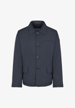 Navy blue insulated jacket with a collared neck, front button closure, two side pockets, and a chest pocket. Smooth outer texture.