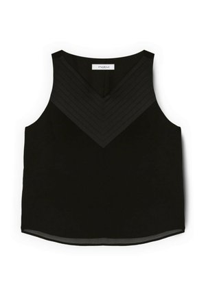 Sort ærmeløs top med V-hals og vandrette syede linjer, der danner et chevronmønster over brystet.