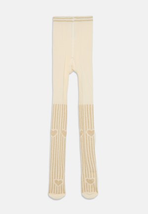 Cream-colored tights with a soft texture, featuring horizontal stripes and small hearts at the lower part. Elastic waistband detail included.