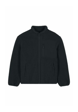 Veste en polaire noire avec un col montant, une fermeture éclair à l'avant, deux poches latérales et une poche poitrine. Matière texturée et douce avec des poignets élastiques.