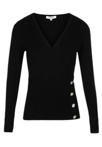Czarny prążkowany sweter z długim rękawem, z dekoltem w kształcie litery V, dopasowaną talią i dekoracyjnymi przyciskami w srebrnym odcieniu po jednej stronie.
