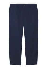 Pantalons bleu marine en tissu tissé, dotés d'une fermeture à bouton, de deux poches latérales et d'une coupe droite avec des lignes nettes.