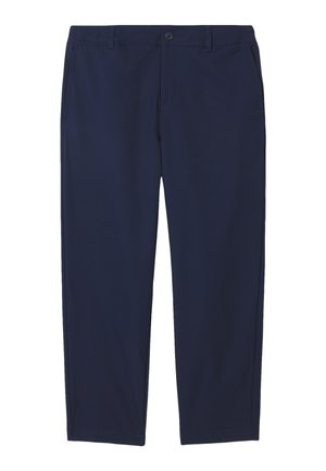 Navyblauwe broeken van geweven stof, met een knoopsluiting, twee zijzakken en een recht gesneden ontwerp met strakke lijnen.