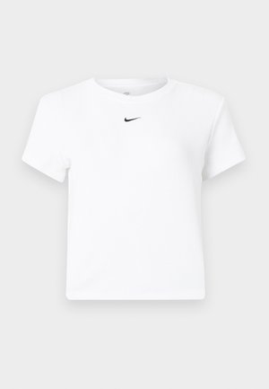T-shirt court blanc à manches courtes de Nike avec un petit logo noir Nike swoosh centré sous l'encolure.