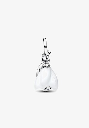 Charm en argent en forme de fleur avec des pétales en émail blanc et un petit accent en pierre précieuse claire. Comprend une boucle pour l'attache.