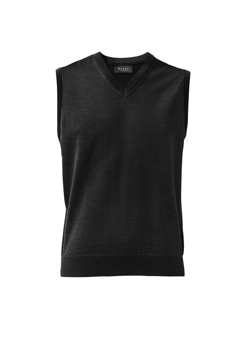 Schwarzer ärmelloser Pullover mit V-Ausschnitt, aus strukturiertem Strickstoff hergestellt, mit geripptem Saum und glatter Oberfläche.