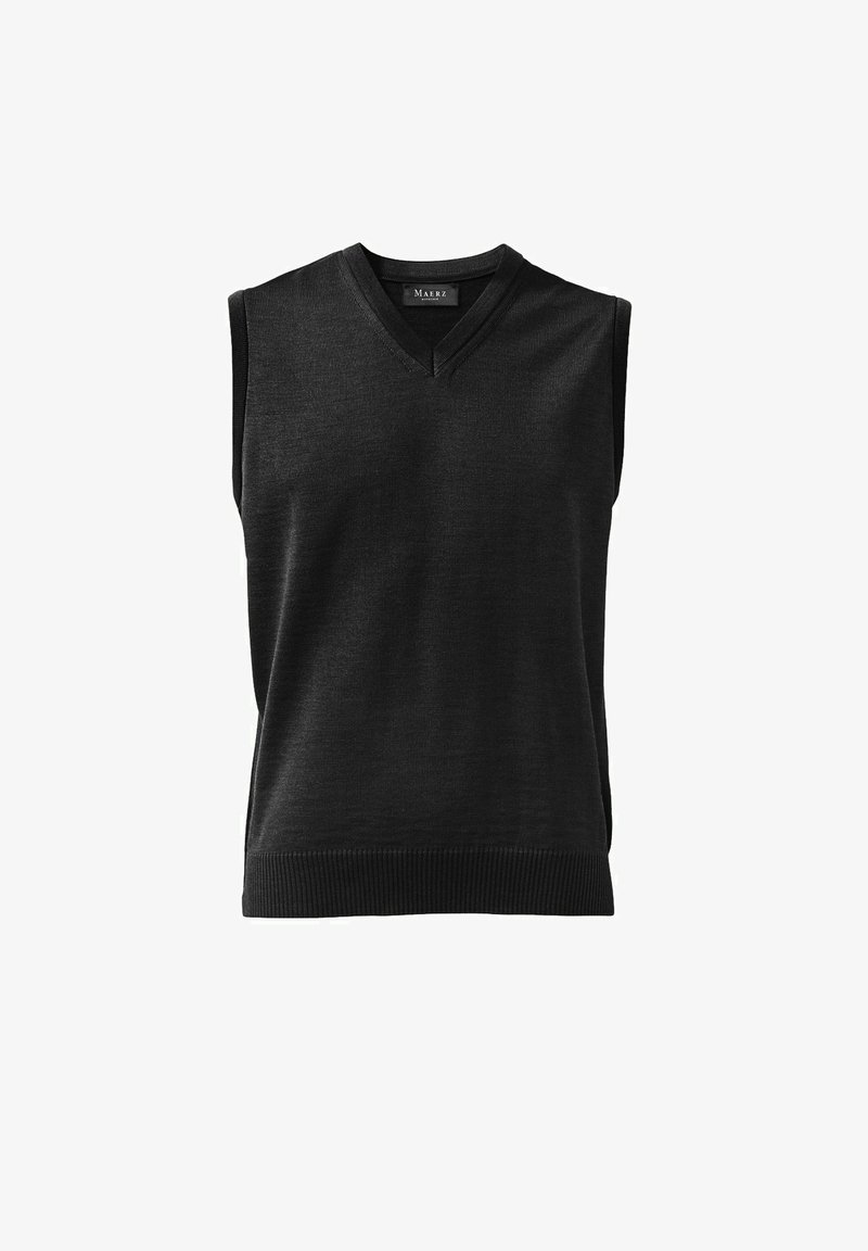 Schwarzer ärmelloser Pullover mit V-Ausschnitt, aus strukturiertem Strickstoff hergestellt, mit geripptem Saum und glatter Oberfläche.