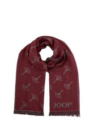 Sciarpa bordeaux con motivi di cardo grigio chiaro e testo "JOOP!", con bordi frangiati e tessuto morbido.