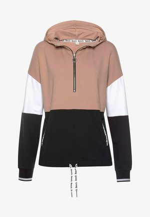 Hættetrøje med farveblokke i beige øverst, hvide midterærmer, sort nederst på krop og ærmer, lynlås foran og mærkede snore i kant og lommer.