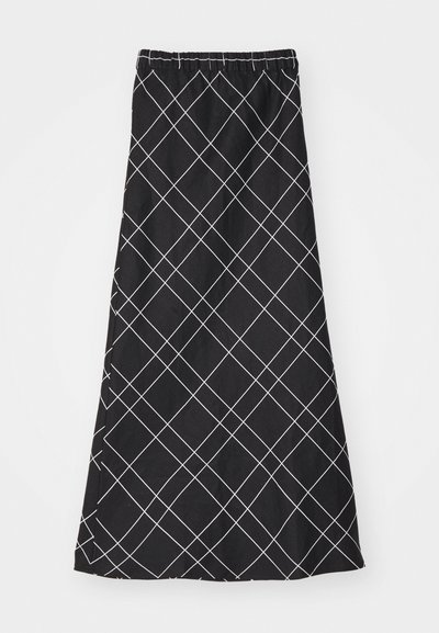 Svart skjørt med et hvitt diamantmønster, med elastisk midjebånd og en flytende design. Laget av lett stoff.