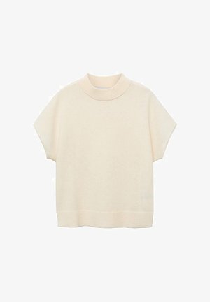 Kremna kratka majica s kratkimi rokavi in visokim ovratnikom. Narejena iz mehke tkanine, ima sproščen kroj in rebrast rob.