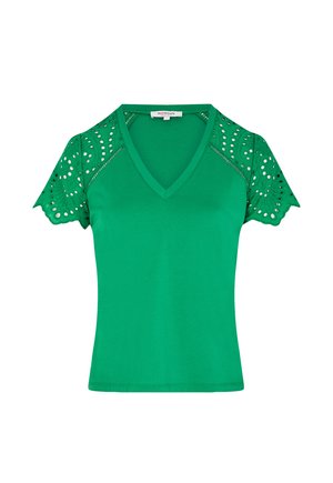 Maglietta verde a maniche corte con scollo a V, maniche in pizzo traforato e corpo solido, etichettata Morgan.