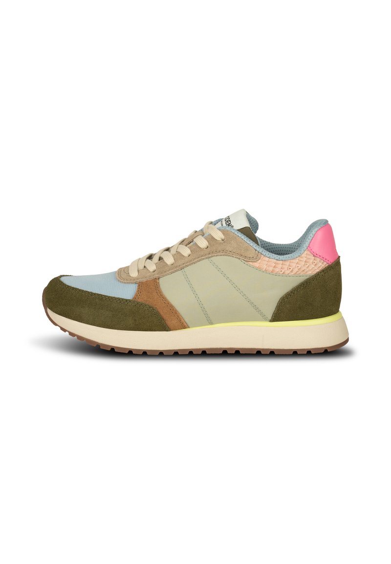 Sneaker featuring a mix of materials: light blue fabric, beige leather, brown suede, green accents, and a pink heel tab. Rubber outsole.