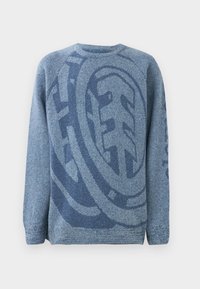 Maglione blu lavorato a maglia con un ampio motivo circolare e forme astratte in una tonalità di blu più scuro. Polsini e orlo a coste, collo a giro classico.