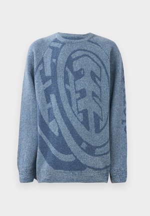 Blue knit sweater featuring a large circular pattern and abstract shapes in a darker blue tone. Ribbed cuffs and hem, classic crew neck.