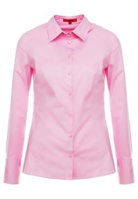 Camicia rosa chiaro con colletto classico, maniche lunghe e chiusura con bottoni, realizzata in cotone morbido. Presenta una vestibilità su misura.