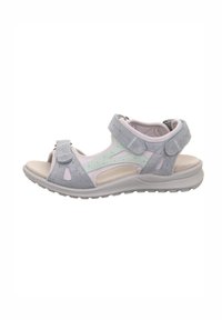 Szare i jasnozielone sandały z okrągłym noskiem, regulowanymi paskami na rzep, perforowanymi akcentami oraz wyściełanym wnętrzem na trwałej podeszwie.