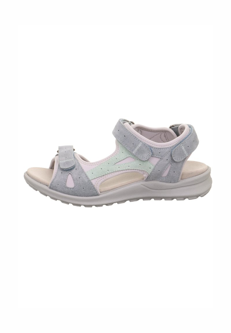Szare i jasnozielone sandały z okrągłym noskiem, regulowanymi paskami na rzep, perforowanymi akcentami oraz wyściełanym wnętrzem na trwałej podeszwie.