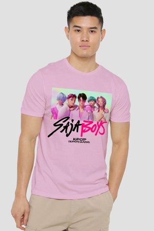 Man wearing a pink T-shirt featuring colorful animated K-pop characters and the text "Saija Boys Kpop Demon Hunters."
