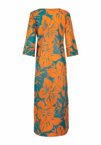 Abito lungo con un vivace motivo floreale arancione e teal. Realizzato in tessuto leggero, con una vestibilità ampia e maniche a tre quarti.