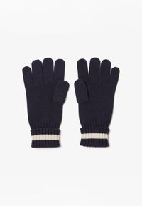 Guantes de lana de color azul marino con rayas blancas en la muñeca. Presentan cinco aberturas para los dedos y un acabado texturizado.