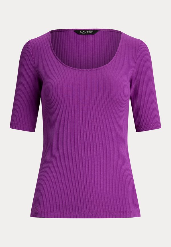Rib Knit Cotton Blend Elbow Sleeve Tee - Basic T-shirt - purple dawn4