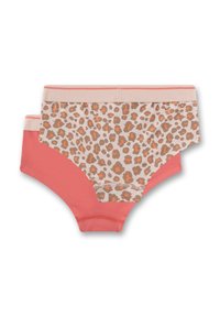 Two pairs of underwear featuring a coral solid color and a beige leopard print with orange accents, made from soft, stretchy fabric.