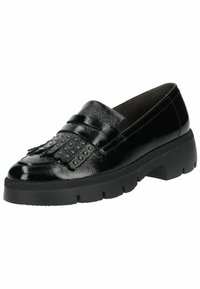 Czarne lakierowane loafersy z teksturowanym frędzlem i punkcikami na czubku. Masywna czarna gumowa podeszwa dla dodatkowej wysokości i przyczepności.