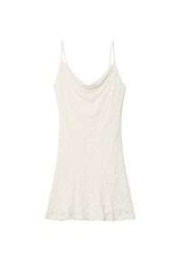 White, sleeveless, cowl neck top made of textured fabric with a light drape and flared hem, featuring thin straps and a soft finish.