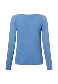 Langärmliger Pullover in Hellblau, aus strukturiertem Strickstoff. Mit quadratischem Ausschnitt und taillierter Silhouette.