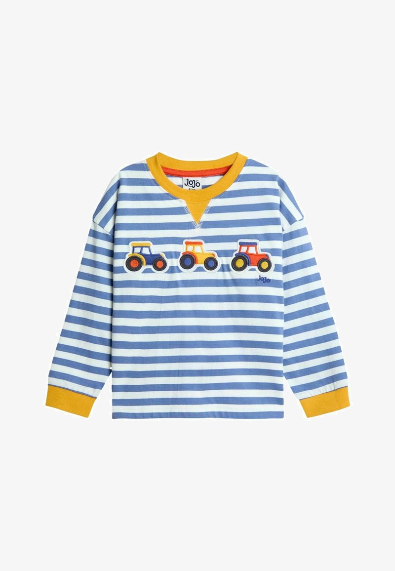 Blau-weiß gestreifte Langarmbluse mit einem gelben Kragen, ausgestattet mit drei gestickten Traktor-Motiven in Rot, Gelb und Blau. Weiches Baumwollmaterial.