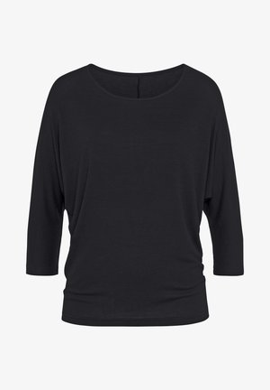 Schwarzes, lässig geschnittenes Oberteil mit Dreiviertelärmeln, runder Ausschnitt und weichem, strukturiertem Stoff. Einfaches Design ohne Muster oder Akzente.