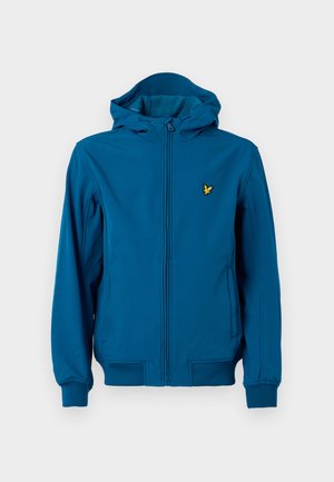 Blaue Kapuzenjacke mit Reißverschluss und gerippten Bündchen. Sie verfügt über ein kleines gelbes Logo auf der linken Brust und hat eine glatte Textur.