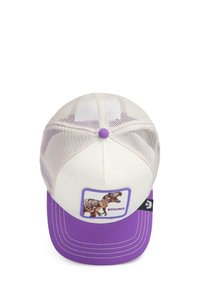Purple and white cap with a mesh back, featuring a T-rex graphic and the word "STRONG" on a rectangular patch.