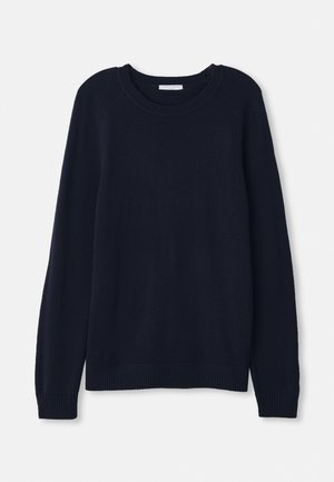 Navy blue long-sleeve crewneck sweater with ribbed cuffs and hem, displayed on a white background.