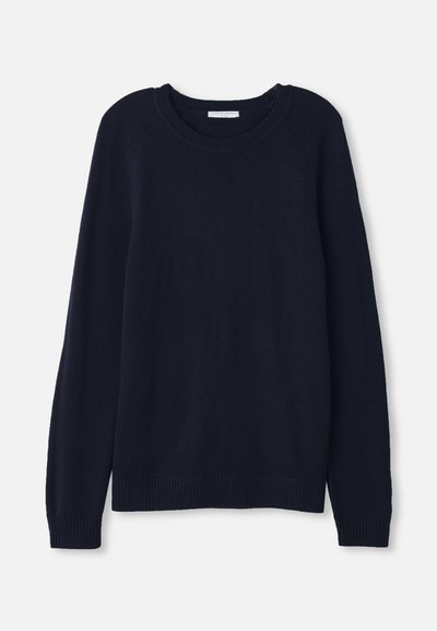 Navy blue long-sleeve crewneck sweater with ribbed cuffs and hem, displayed on a white background.