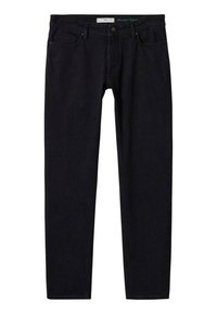 Jeans noirs à jambe droite avec poches avant, passants de ceinture et fermeture à bouton, étiquetés comme économes en eau par la marque MNG.