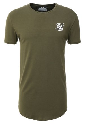 Olivgrünes T-Shirt mit kurzen Ärmeln, Rundhalsausschnitt und kleinem weiß besticktem Logo auf der linken Brust.