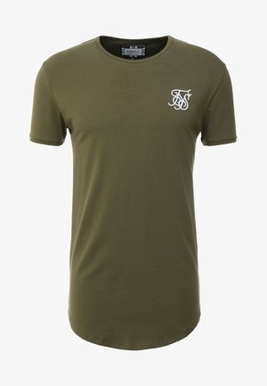 Olivgrünes T-Shirt mit kurzen Ärmeln, Rundhalsausschnitt und kleinem weiß besticktem Logo auf der linken Brust.