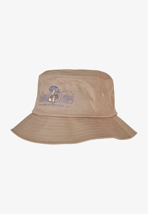 Beige Bucket Hat mit breiter Krempe, versehen mit einer gestickten Grafik eines Pilzes und dem Text "Good Times". Hergestellt aus robustem Stoff.