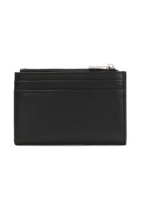 Portafoglio in pelle nera con scomparto con zip e molteplici slot per carte. Texture liscia con design minimalista e hardware in argento.