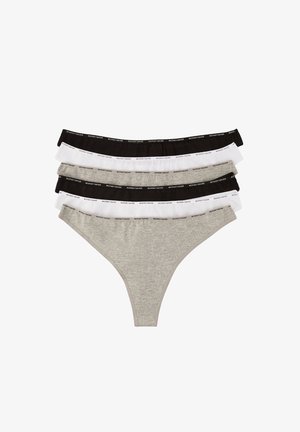 Set van vier stringonderbroeken in grijs, zwart en wit. Zachte katoenen stof met contrasterende elastische taillebanden met herhaaldelijke branding.