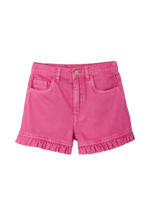 Pink denim girl’s shorts with front pockets, button closure, and ruffled hems.