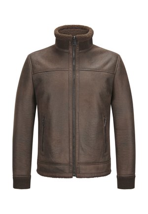 Braune Reißverschlussjacke mit Fleece-Futter, Stehkragen, gerippten Bündchen und Reißverschlusstaschen an den Seiten, dargestellt vor weißem Hintergrund.
